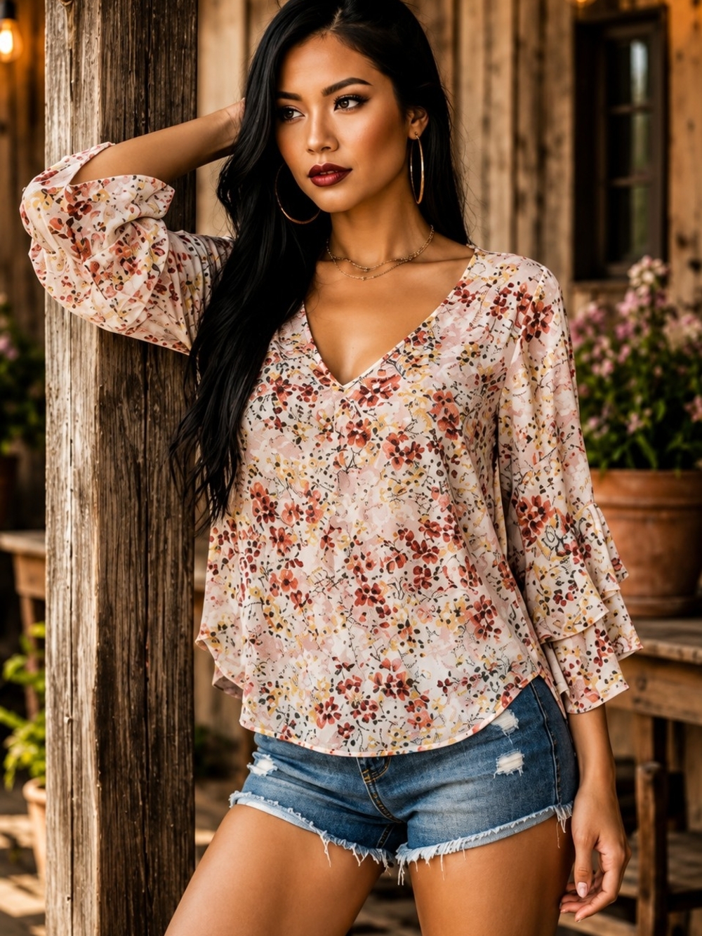 Cure. Pink Floral V-Neck Ruffle Sleeve Blouse